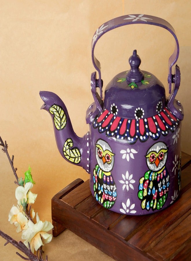 Indha Hand-Painted Aluminium Decorative Kettle | Owl Art Design | Violet Theme | Multicolor Ethnic Home Décor | Handmade Table Showpiece | Gift Item | 1 Litre - Image 1